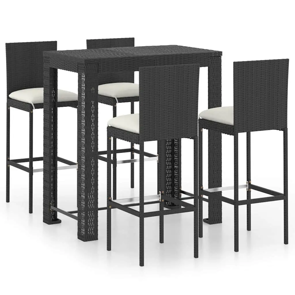 Outdoor Bar Set 5 Piece Garden Patio Black Poly Rattan Table Stools with Cushions