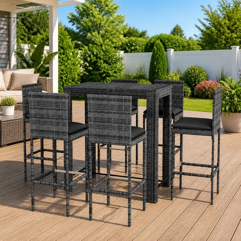 7 Piece Outdoor Bar Set with Cushions Poly Rattan Garden Bar Table Stools Grey