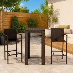 Outdoor Bar Set: 1 Table and 2 Stools, Brown Rattan