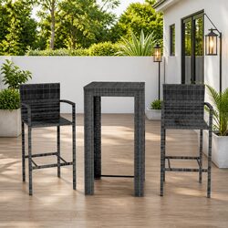 3-Piece Outdoor Bar Set: Grey Poly Rattan Stools and Table
