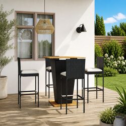 5 Piece Bar Set - Black Rattan Stools and Acacia Table