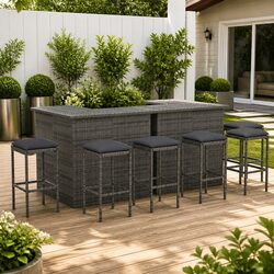 Garden Bar Set - 8 Pieces, Grey PE Rattan & Steel Frame