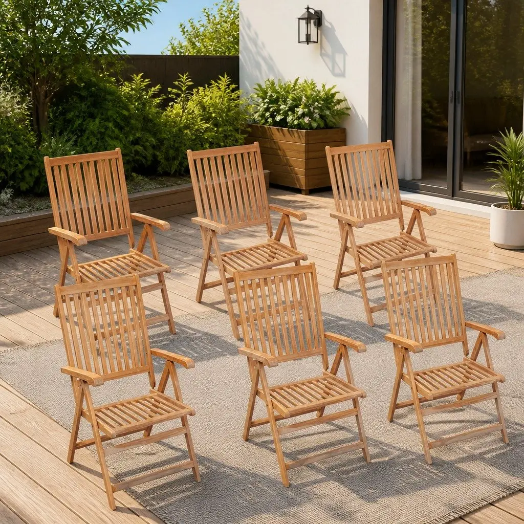 Reclining Garden Chairs Set for Outdoor Use 6 Piece Brown Teak Wood
