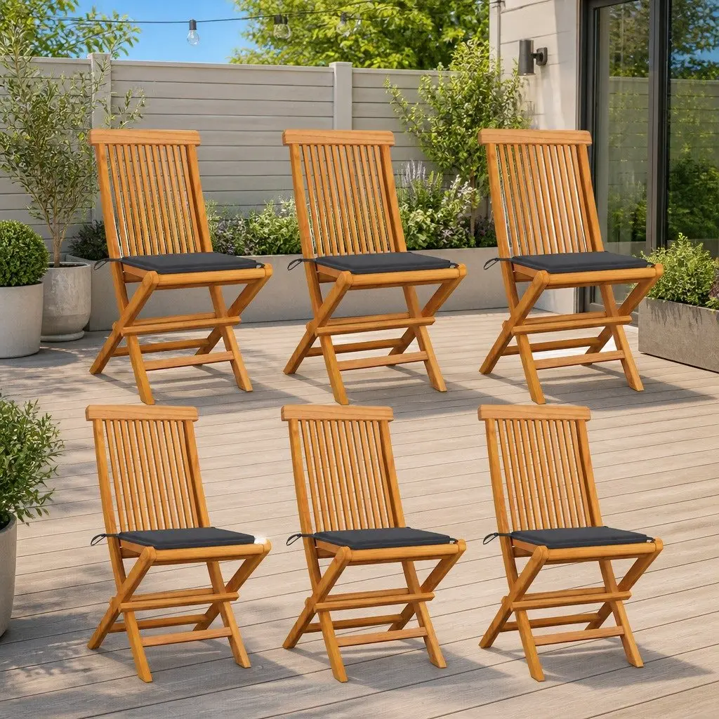 Folding Garden Chairs Set of 6 Outdoor Use Solid Teak Wood with Cushions