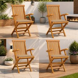 4-Piece Teak Wood Folding Garden Chair Set with Cushions