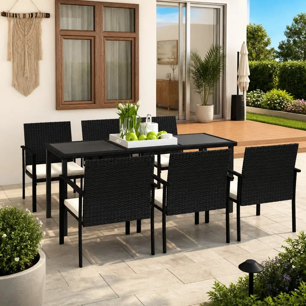 Garden Dining Set 7 Piece Black Rattan Steel Frame Patio Chairs
