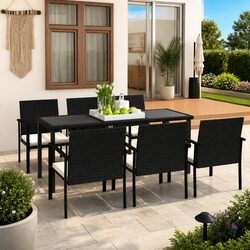 7 Piece Outdoor Dining Set: Black Steel Frame, Rattan Chairs