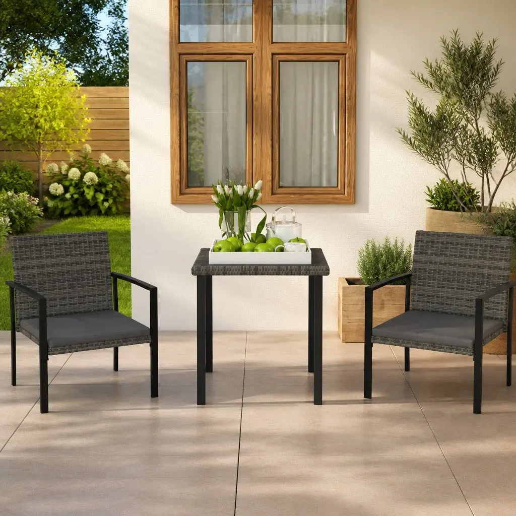 Garden Dining Set 3 Piece Outdoor Furniture Table Chairs Grey Rattan Patio