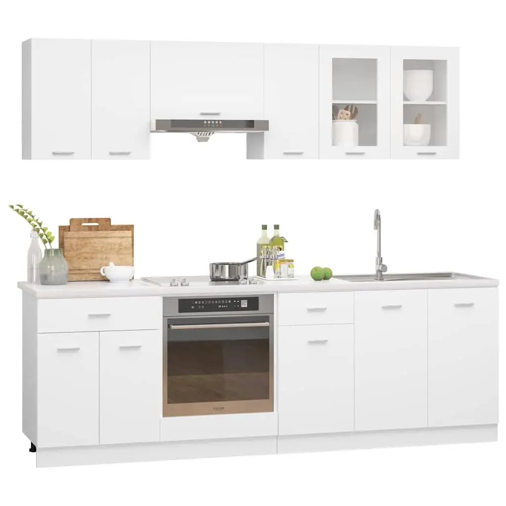Kitchen Cabinet Set 8 Piece White Engineered Wood Storage Cupboard Organiser
