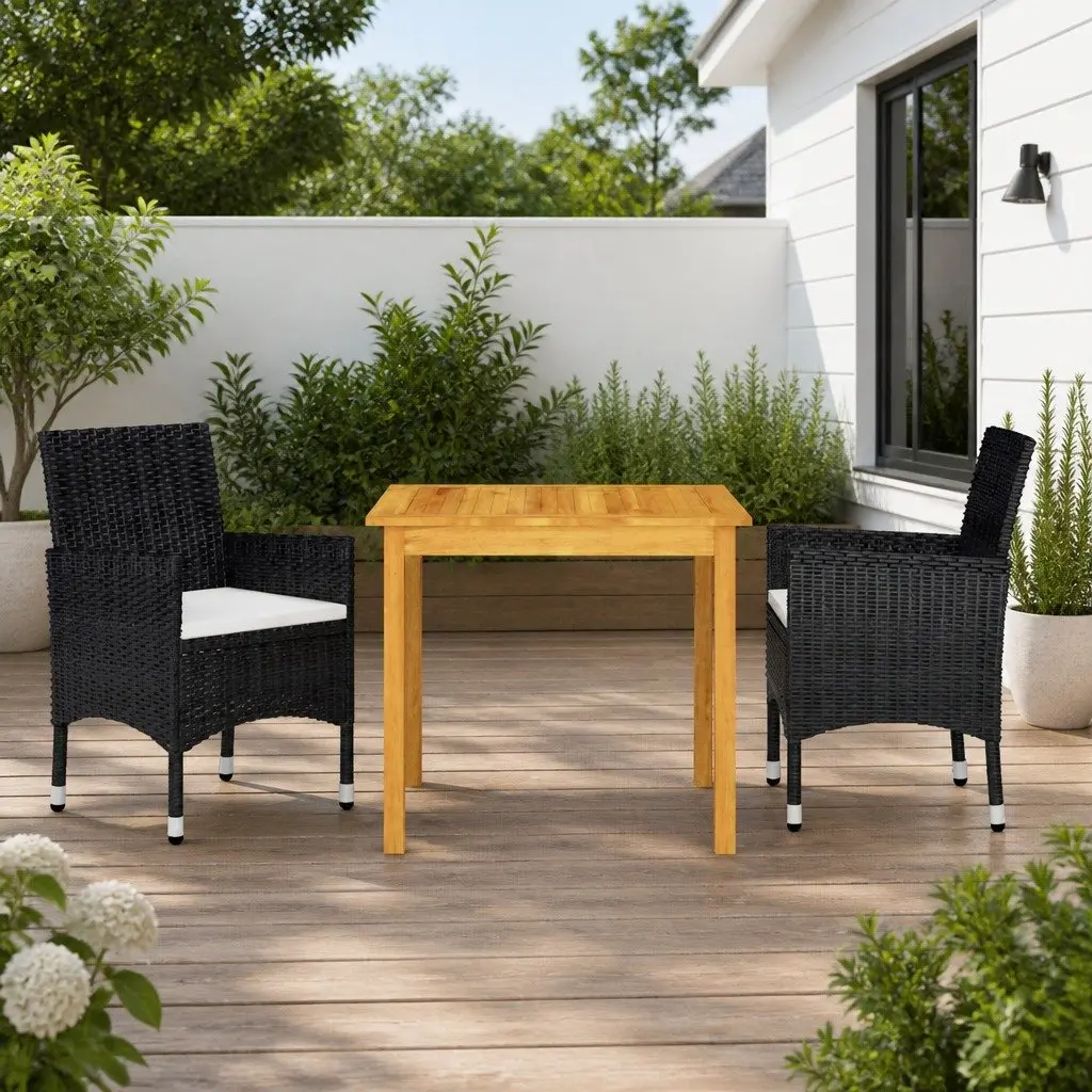 Garden Dining Set Outdoor 3 Piece Table Chairs Black with Cushions