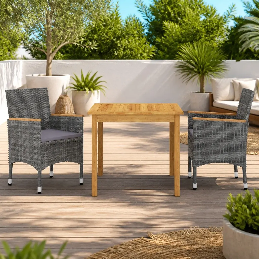 Garden Dining Set Outdoor Use 3 Piece Grey Rattan Table Chairs
