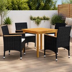 5 Piece Outdoor Garden Dining Set Black Acacia Wood Rattan Chairs Table