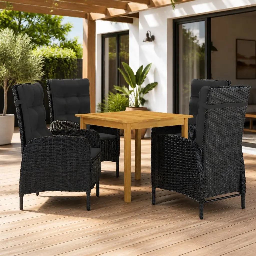 5 Piece Garden Dining Set Outdoor Table Chairs Black Acacia Wood Steel Rattan