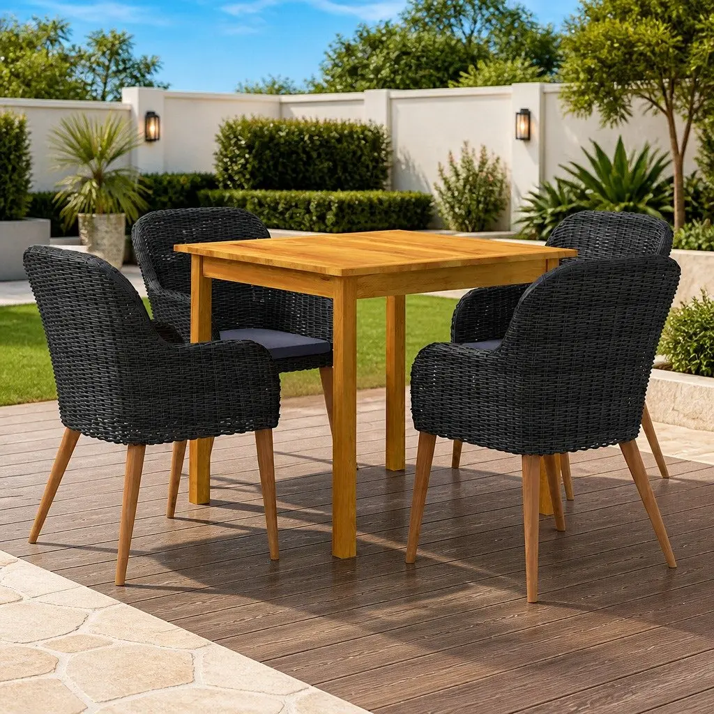 5 Piece Garden Dining Set Black Outdoor Furniture Table Chairs Rattan