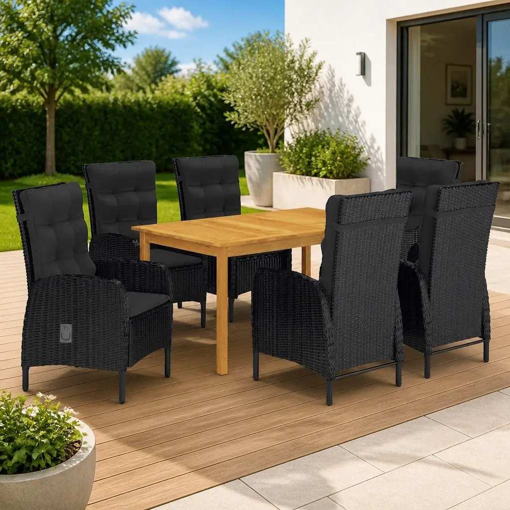 Garden Dining Set Outdoor 7 Piece Black Acacia Wood Rattan