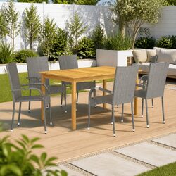 7 Piece Outdoor Dining Set: Grey Acacia Wood & Rattan