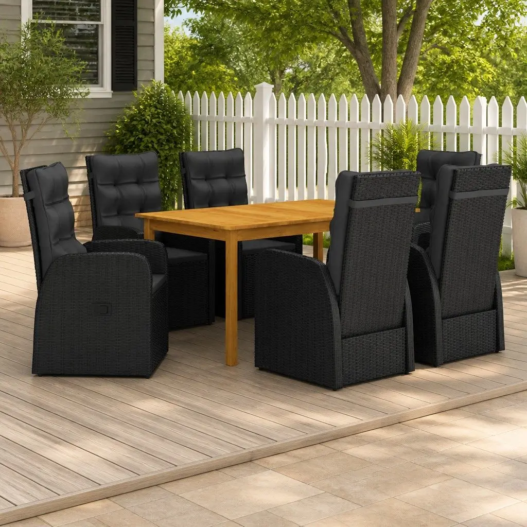 Garden Dining Set 7 Piece Black Outdoor Table Chairs with Cushions Rattan