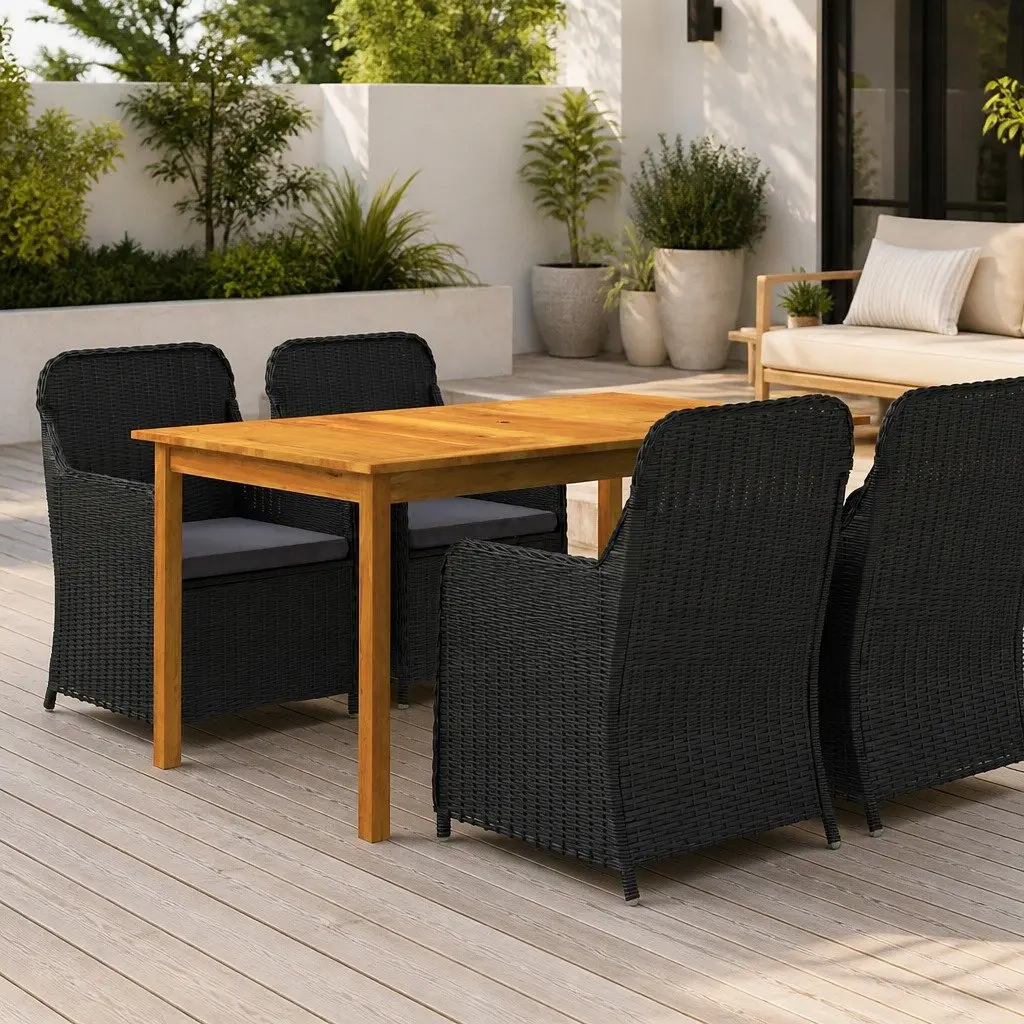 Garden Dining Set for Outdoor Use 5 Piece Black Steel Rattan Chairs Table
