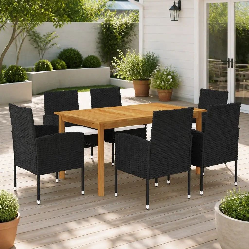 7 Piece Garden Dining Set Outdoor Table Chairs Black Rattan Steel Frame