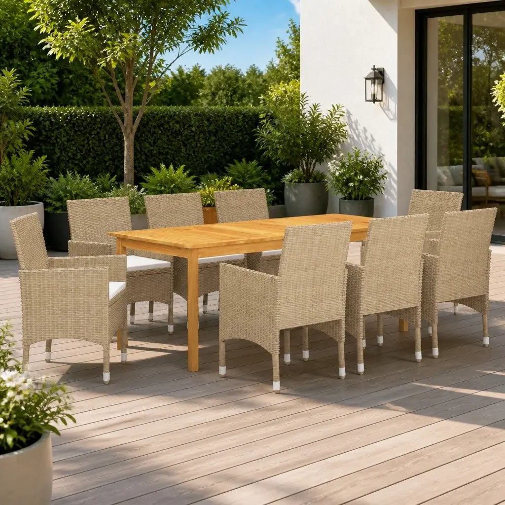 Garden Dining Set 9 Piece Outdoor Use Beige Rattan Patio Furniture
