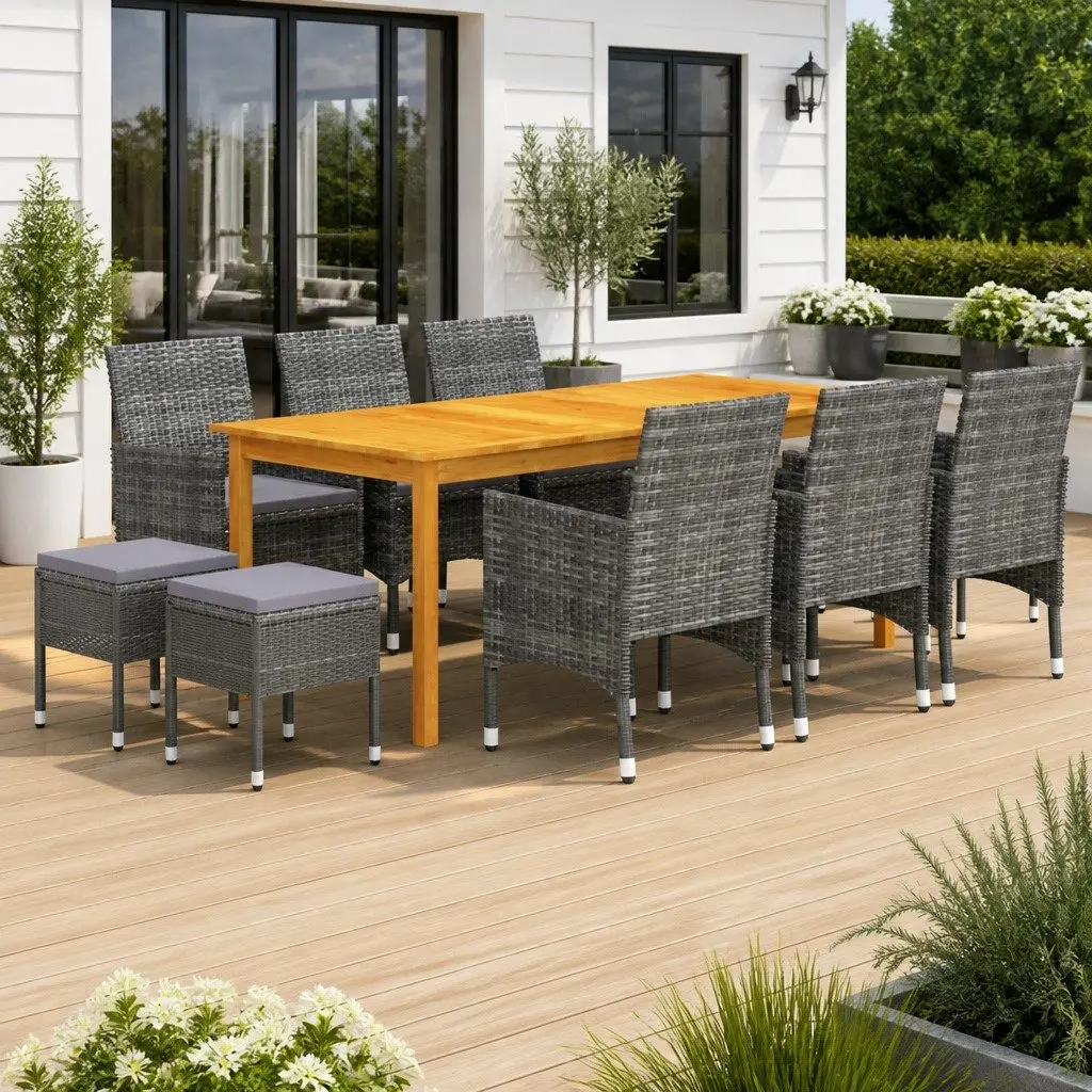 Garden Dining Set Outdoor Furniture 11 Piece Grey Acacia Wood Steel Frame