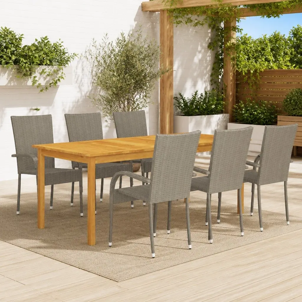7 Piece Garden Dining Set Outdoor Use Acacia Wood Table and PE Rattan Chairs Grey