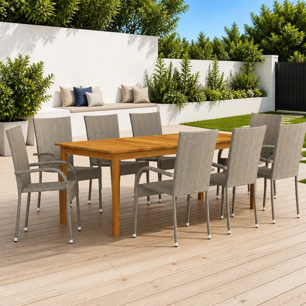 Garden Dining Set 9 Piece Outdoor Use Grey Acacia Table Chairs