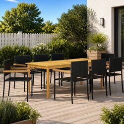 9 Piece Garden Dining Set - Black Acacia Wood and Steel