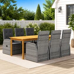 7 Piece Garden Dining Set Grey Acacia Wood Table Steel Frame Rattan Chairs