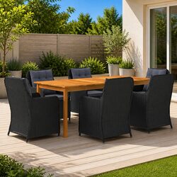 7 Piece Outdoor Dining Set: Acacia Table and Rattan Chairs