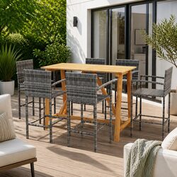 7 Piece Garden Bar Set: Grey Acacia Wood Table & Stools