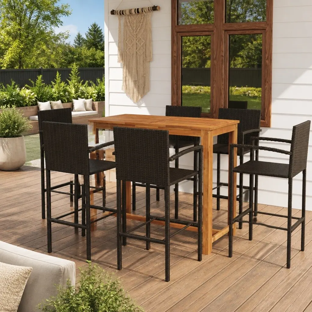 Garden Bar Set Outdoor Furniture Patio 7 Piece Brown