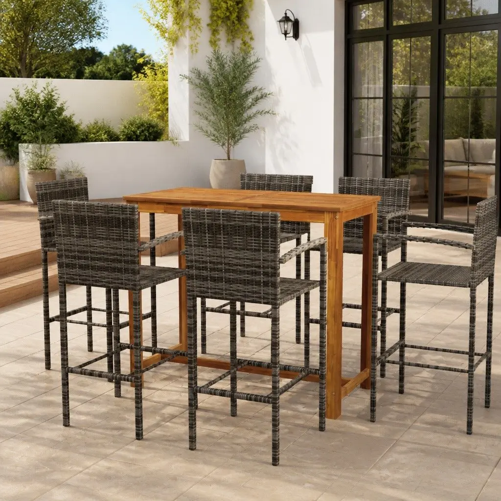 7 Piece Garden Bar Set with Acacia Wood Table and Stools