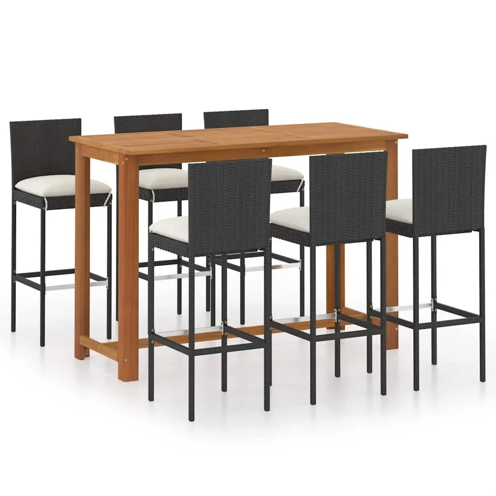7 Piece Garden Bar Set with Cushions Black Outdoor Patio Furniture Table Stools