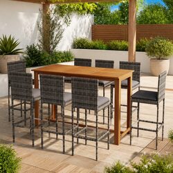 9 Piece Outdoor Bar Set: Acacia Wood & Steel Frame