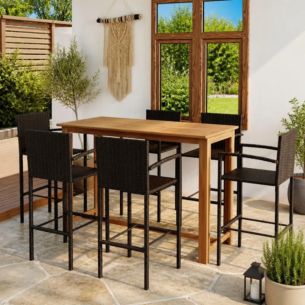7 Piece Outdoor Garden Bar Set Brown Patio Furniture Table Stools
