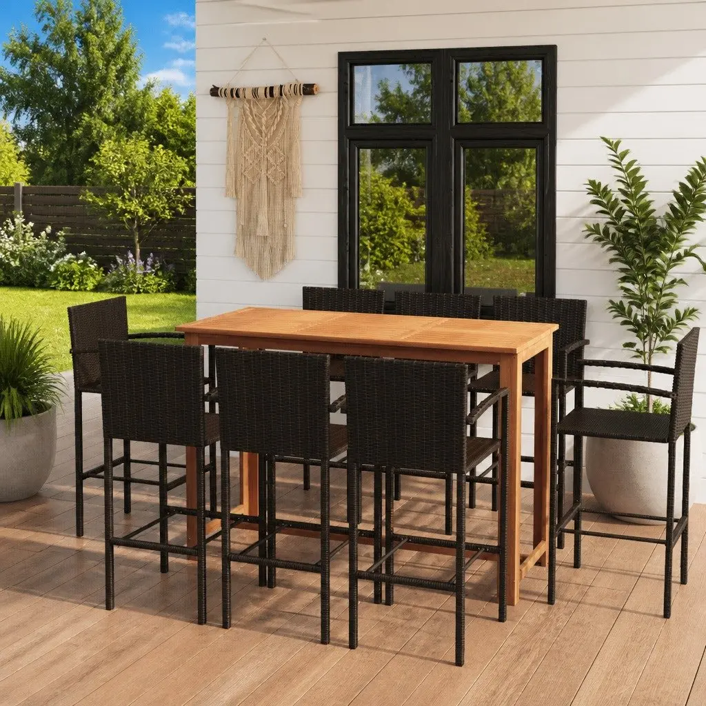 Garden Bar Set Outdoor Patio Furniture 9 Piece Brown Rattan Stools Table