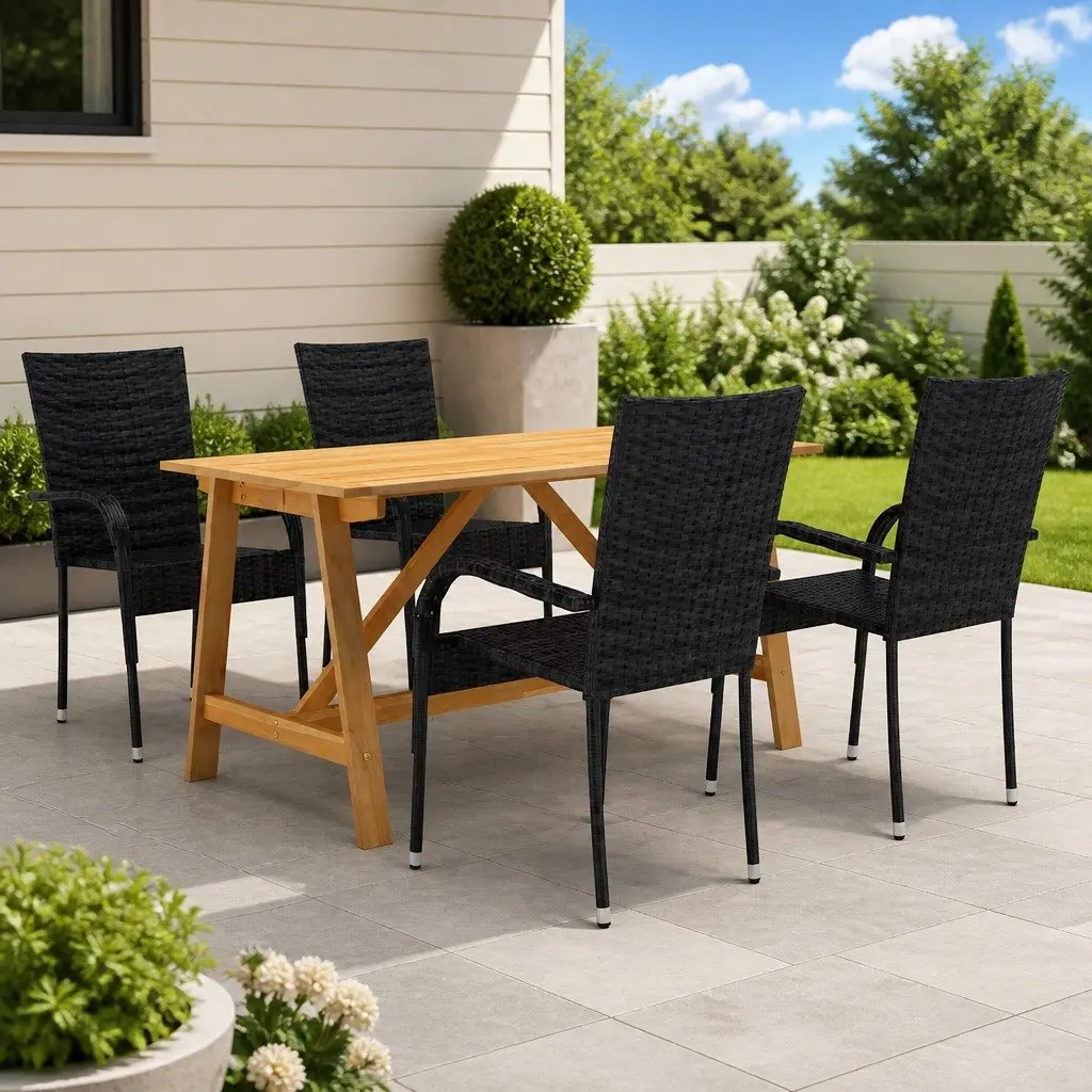 5 Piece Garden Dining Set Outdoor Table Chairs Black Acacia Wood Steel Frame