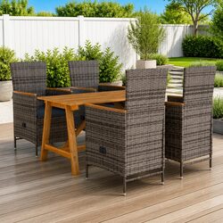 5 Piece Garden Dining Set: Grey Acacia Table & Rattan Chairs