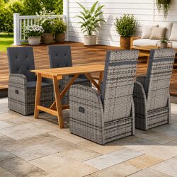 Grey 5 Piece Garden Dining Set: Acacia Table & Rattan Chairs