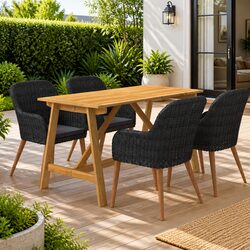 5-Piece Garden Dining Set: Acacia Wood & Rattan Details