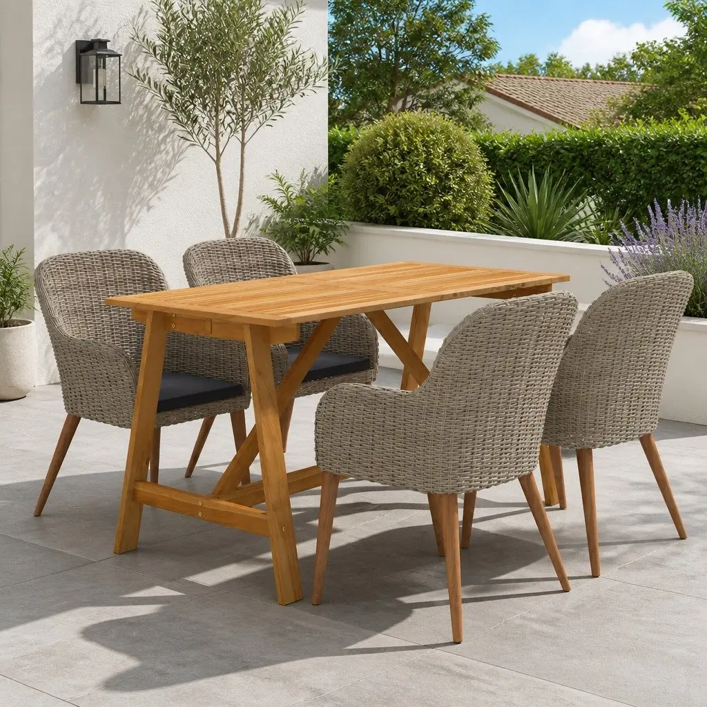 5 Piece Garden Dining Set Outdoor Use Acacia Wood Steel Frame PE Rattan