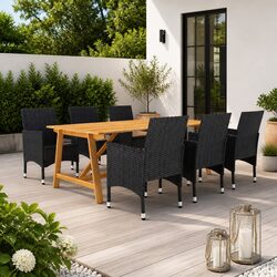 7 Piece Outdoor Dining Set: Solid Wood & Rattan Chairs