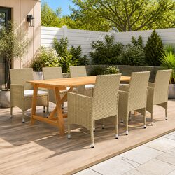 7 Piece Garden Dining Set: Acacia Table & Rattan Chairs