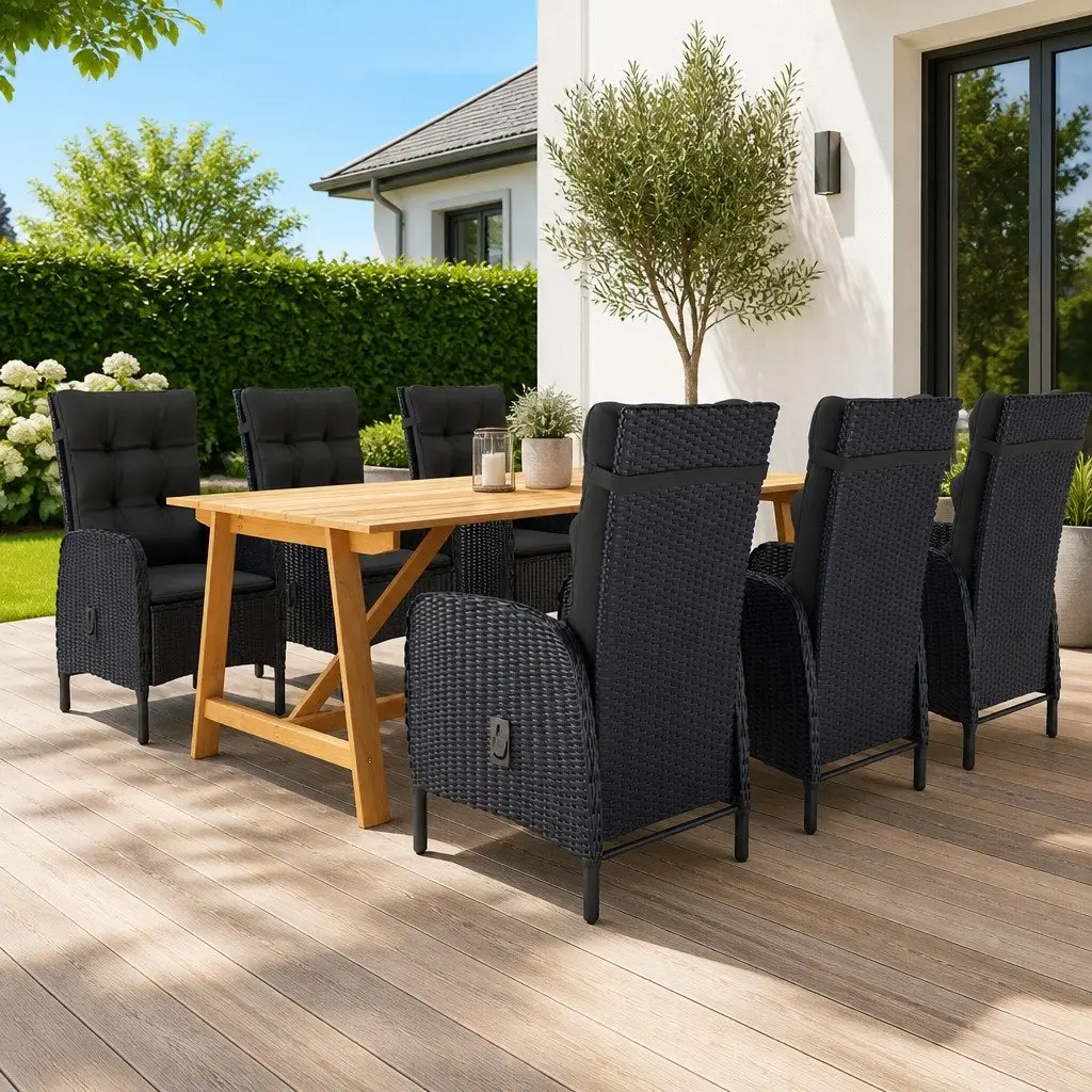 Garden Dining Set Outdoor 7 Piece Acacia Wood Table and PE Rattan Chairs Black