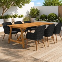 7 Piece Outdoor Dining Set: Black Acacia Wood & Rattan