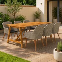 7-Piece Outdoor Furniture Set with Acacia Wood and Rattan Chairs