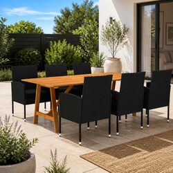 7 Piece Garden Dining Set: Acacia Wood and Rattan Chairs