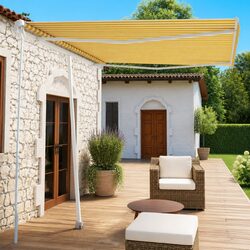 Freestanding Manual Retractable Awning 300x250 cm Yellow White Patio Shade