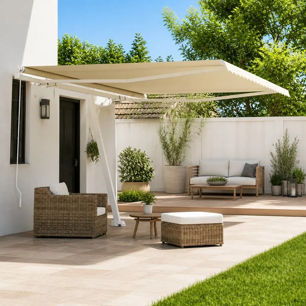 Retractable Freestanding Awning Cream 400x300cm for Outdoor Patio Shade with Adjustable Angle and Hand Crank Operation
